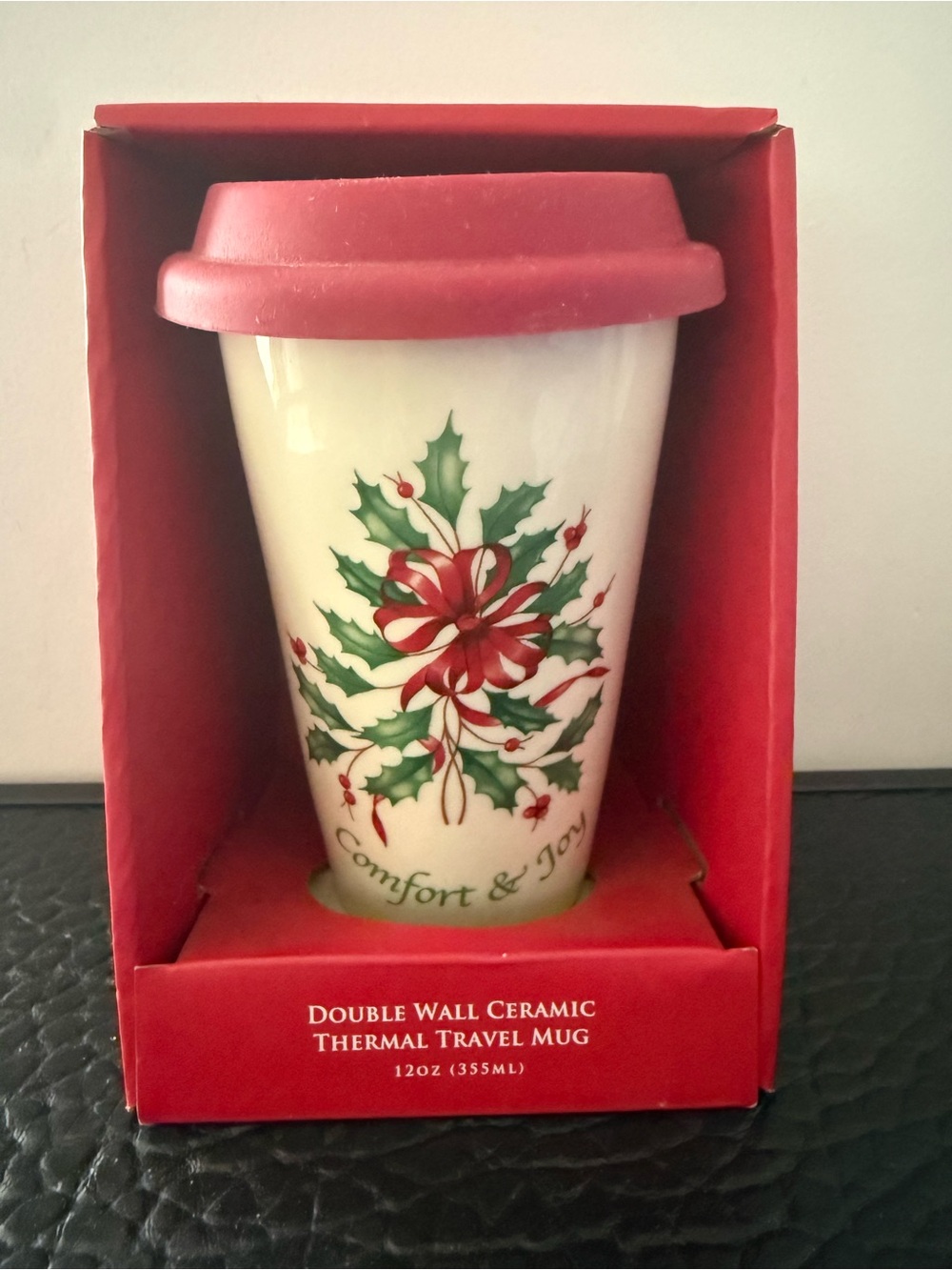 Lenox Double Wall Ceramic Thermal Travel Mug with Red Silicone Lidded